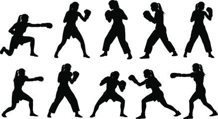 Collection of female fighter vector silhouettes, black isolated illustrations, dynamic boxing, martial arts, and fitness training action poses