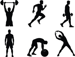 Fitness workout silhouette set, male athlete poses for running, weightlifting, stretching, exercising, gym training vector illustration for sports and health designs