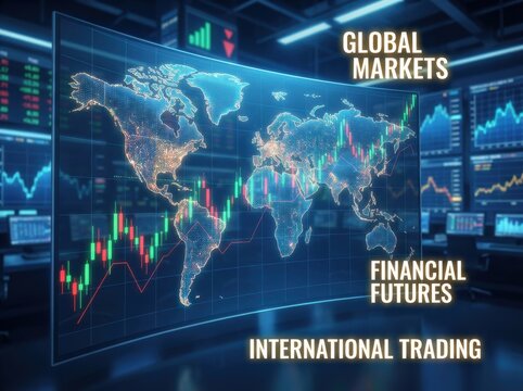 A digital display showcasing global markets, financial futures, and international trading data. - Powered by Adobe