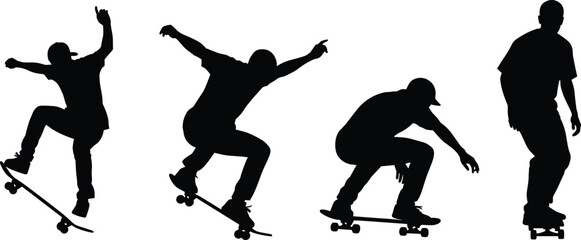 Collection of jumping skateboarder vector silhouettes, isolated black figures in action performing various tricks, ideal for extreme sports branding and apparel design