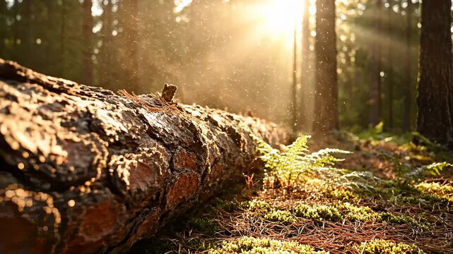 Sunlight Streaming Through Forest, Fallen Log Covered in Moss