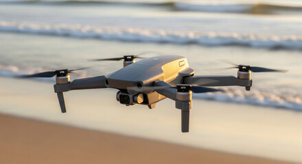 Modern grey quadcopter drone hovering over sandy beach with blurred ocean waves at sunset