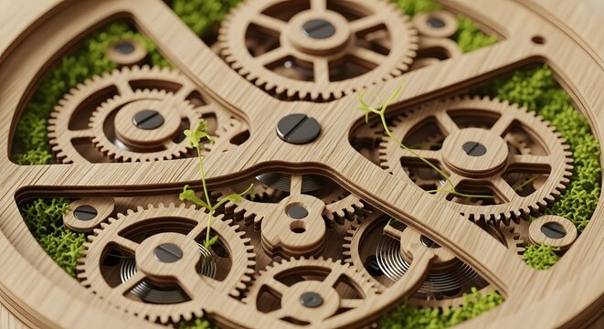 Wooden gears and mechanical clockwork components intertwined with vibrant green moss and delicate plant sprouts, symbolizing growth, sustainability, nature, and the passage of time