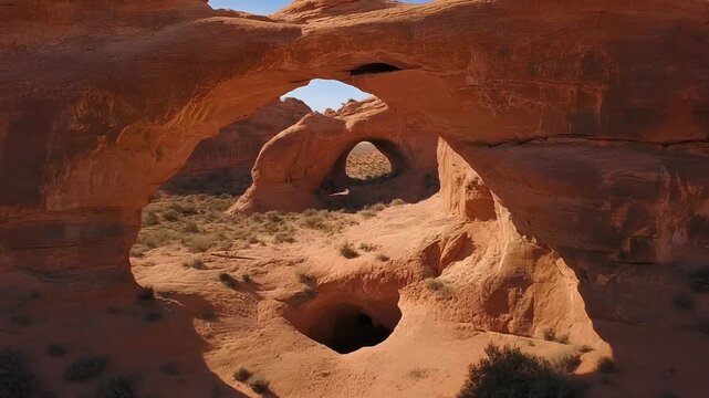 Rock arches formed by erosion stand above hollowed ground, warm sandstone shining under afternoon sun.