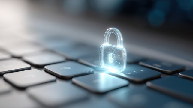 Cybersecurity at your Fingertips: A glowing padlock illuminates the keyboard, symbolizing the protection of digital data and the importance of cybersecurity in the modern world.