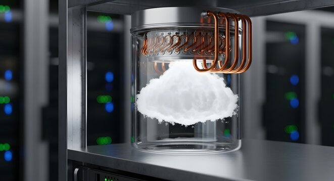 Cloud computing concept with a fluffy white cloud contained in a glass jar, featuring copper cooling pipes, on a server rack in a modern data center, symbolizing data storage and advanced technology