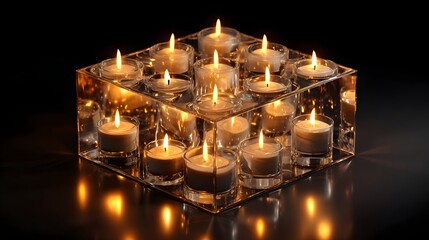 Multiple glowing tea light candles burning in a modern glass cube holder.