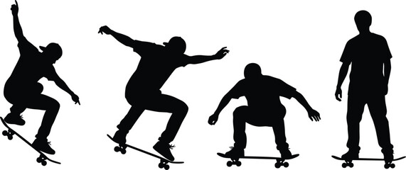 Dynamic set of vector skateboarder silhouettes, isolated black figures performing urban street tricks, ideal for extreme sports branding and youth apparel design projects