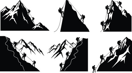Obraz premium Mountain climbing silhouettes of hikers ascending steep peaks, adventure mountaineering vector illustration, teamwork expedition concept, extreme outdoor sport artwork