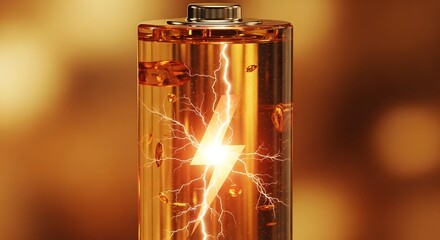 Close-up of a glowing transparent battery cell with a bright lightning bolt symbol and electric discharge, representing energy, power, and charging technology in a futuristic setting