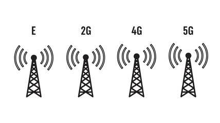a series of four communication towers displaying increasing signal strength from 2g to 5g rendered as a black silhouette on transparent background