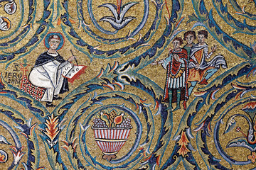 San Clemente Basilica.   Apse mosaic. Medieval apse decoration showing Church-as-vine with tiny workers and symbols amid foliage.