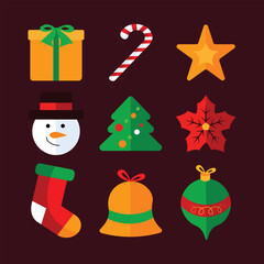 Colorful Christmas vector icons featuring a gift box, candy cane, star, snowman, Christmas tree, poinsettia, stocking, bell, and ornament. Festive flat-design symbols perfect for holiday and winter pr