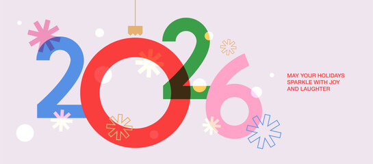 Fototapeta na wymiar Happy New Year 2026 greeting banner. Trendy modern Xmas design with 2026 typography, overlay elements, snowflake and glitter. Horizontal poster, greeting card, header for website