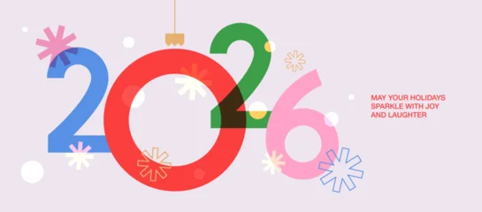 Fototapeten Pony Happy New Year 2026 greeting banner. Trendy modern Xmas design with 2026 typography, overlay elements, snowflake and glitter. Horizontal poster, greeting card, header for website  © Tanya Shulga