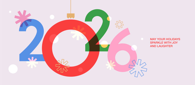 Happy New Year 2026 greeting banner. Trendy modern Xmas design with 2026 typography, overlay elements, snowflake and glitter. Horizontal poster, greeting card, header for website