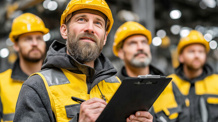 A small group of construction workers wearing safety helmets and vests looks up thoughtfully at the project. One worker takes notes on a clipboard, illuminated by soft natural light