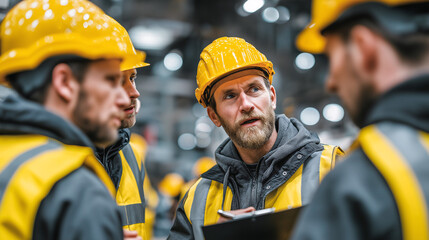 A small group of construction workers wearing yellow vests and hard hats stand together, discussing details while one takes notes on a clipboard. Bright, industrial lighting