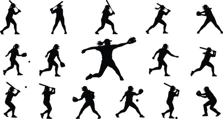 Set of dynamic female baseball and softball vector silhouettes, isolated action poses for pitching, hitting, running, and team sports graphic design
