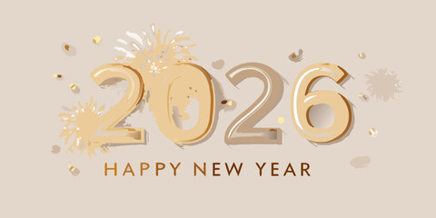 Elegant happy new year 2026 celebration with golden numbers and confetti