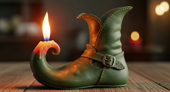 Green Leather Boot With Burning Candle On Toe, Quirky Holiday Footwear Concept