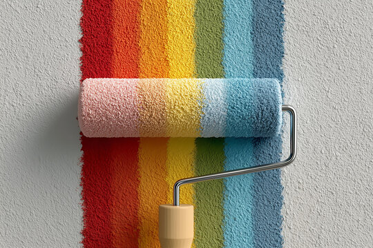 roller painting vibrant rainbow wall, colorful brush strokes, rich brown and gray hues, lively atmosphere,