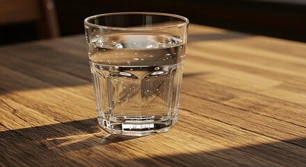 Glass of water on wooden table with sunlight for refreshment