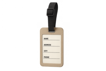 Beige luggage tag with blank information fields for name address and phone number on transparent background