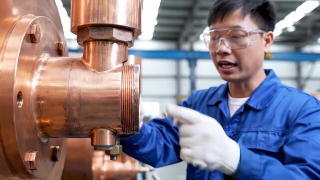 Worker Inspecting Copper Pipe Fitting in Factory Setting