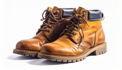 Rugged tan leather work boots with black padded collars and thick treaded soles on neutral surface.