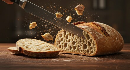 Freshly baked bread being sliced with flying crumbs on wooden surface