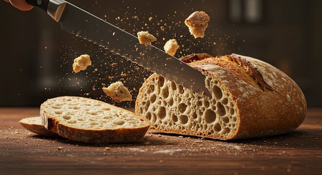 Freshly baked bread being sliced with flying crumbs on wooden surface - Powered by Adobe