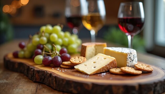 Gourmet cheese platter with grapes and crackers. Served with red and white wine. Perfect for tasting events, parties, or fine dining experiences. Enjoy this rich culinary delight.