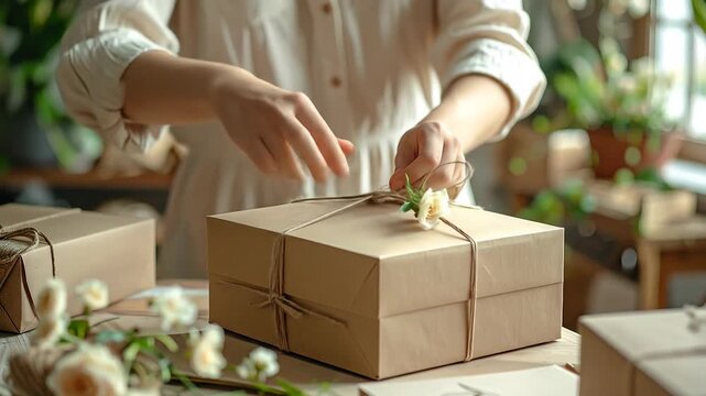 Woman Carefully Wrapping a Rustic Gift Box with Twine and Flowers.
