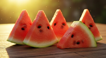 Fresh watermelon slices on wooden table with warm sunlight