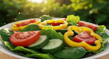 Fresh salad with colorful vegetables on a white plate under sunlight