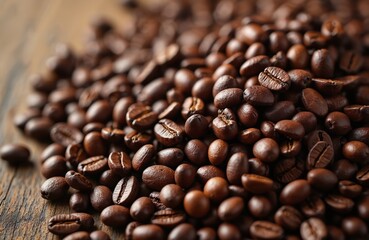 Roasted coffee beans on wooden table. Brown coffee beans piled. Coffee beans on wood surface. Beans roasted, brown. Coffee on table. Beans piled high. Roasted coffee beans brown.
