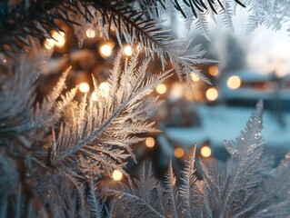 Festive Christmas background image showcasing frost flowers and feathery frost patterns on a frosted window, framed by blurred evergreen silhouettes and a calm, cold schristmas tree branches with snow