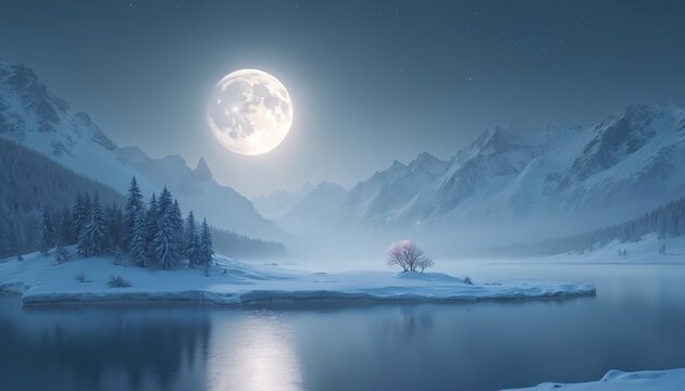 Full moon illuminates a vast snowy landscape. Mountains rise behind a frozen lake and evergreen trees. A lone bare tree stands on an island, bathed in soft moonlight.