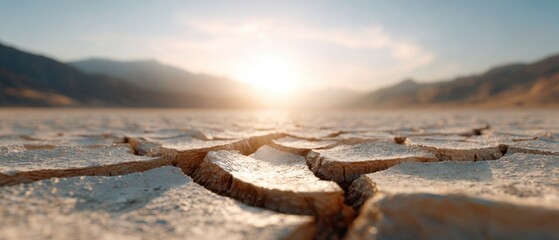 Obraz premium Parched Earth's Solitude: A desolate landscape unfolds as the sun sets, casting long shadows across cracked earth. A testament to nature's raw power.