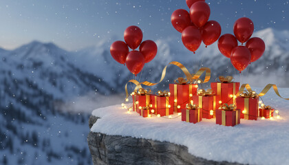A mountain top covered in snow and red balloons and presents. The scene is festive and joyful, with the balloons and presents adding to the holiday spirit