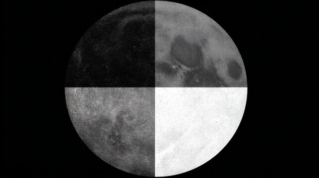 A black and white abstract circle divided into four quadrants each with a unique speckled texture creating a dynamic visual effect.