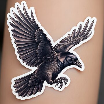 Detailed illustration of a black crow in flight, showcasing its wingspan and feathers with intricate detail