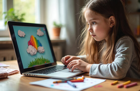 Little girl watches online art lesson on laptop. Child learning making molded clouds and rainbow. Kid sculpts from plasticine at home. Early child dev at art class. Creative hobby for children.
