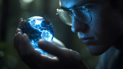 Young man with glasses holding glowing blue earth hologram image