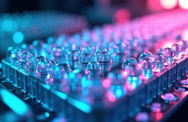 Fototapeta premium Colorful LED array glows across a microelectronic surface with neon lights