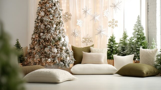 Aesthetic close-up of Christmas tree with white lights, gold and silver ornaments in room corner, beige walls, green sofa and brown pillows on floor against white background.