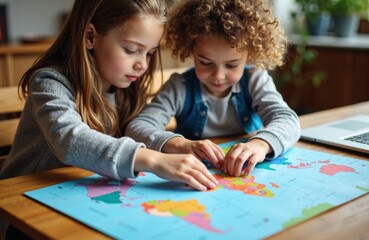 Girl studies a colorful world map with a friend during geography activity