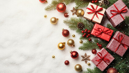 A Christmas tree with red and gold ornaments and presents. The tree is surrounded by snow and the presents are arranged in a row