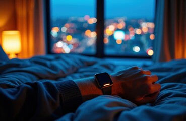 Woman relaxes in bed wearing a smartwatch under warm city lights through the window